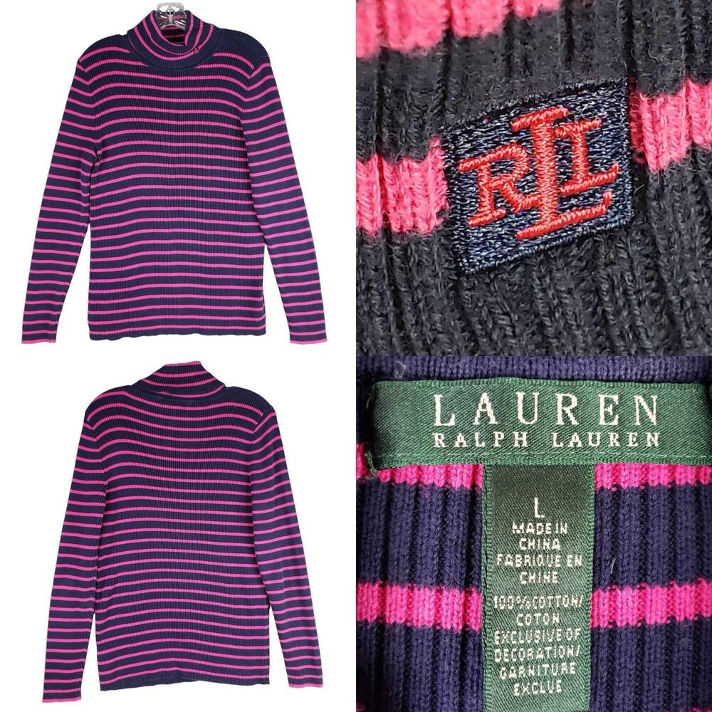 Lauren Ralph Lauren RLL Women’s Size Large L Turtleneck Blue Pink Striped